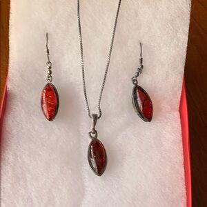 Amber and Oxidized Silver Pendant Necklace with Matching Earrings